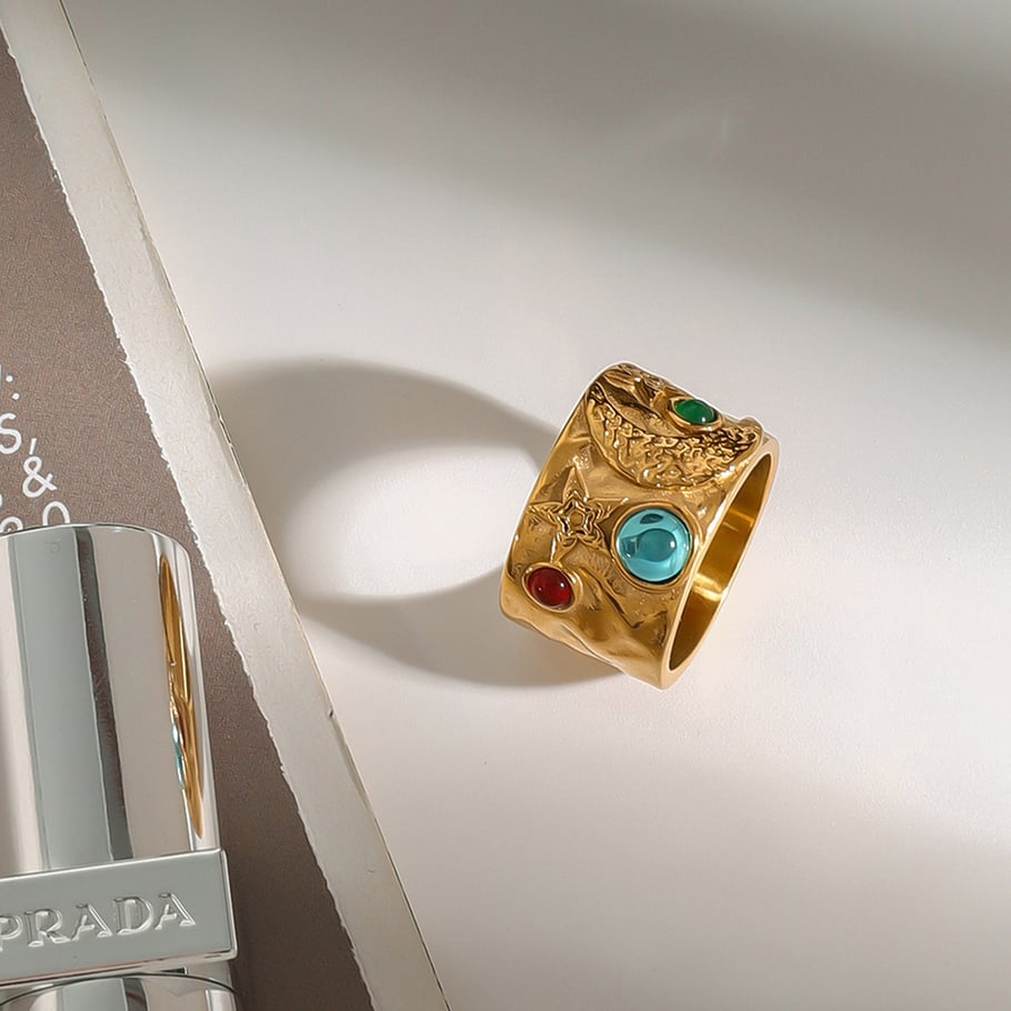 1 Piece Vintage Series Retro Colorful Moon Stainless Steel Gold Color Women's Single Rings Picture5