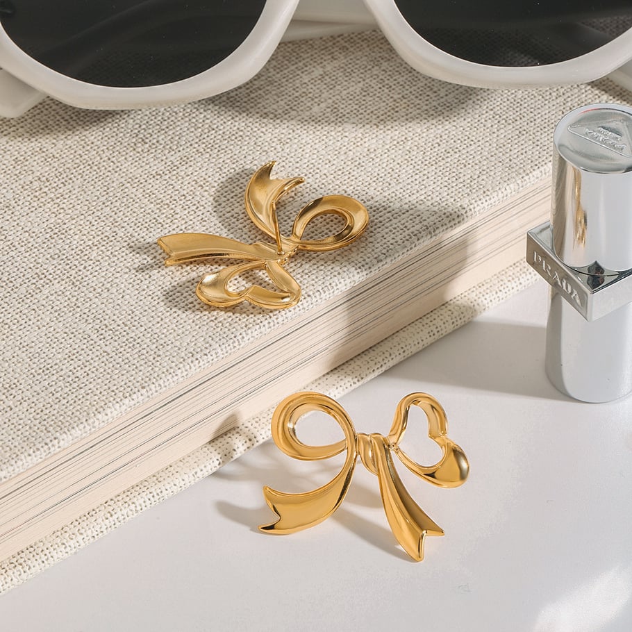 1 Pair Romantic Series Graceful Bow Knot Shape Stainless Steel Gold Color Women's Stud Earrings h5Picture5