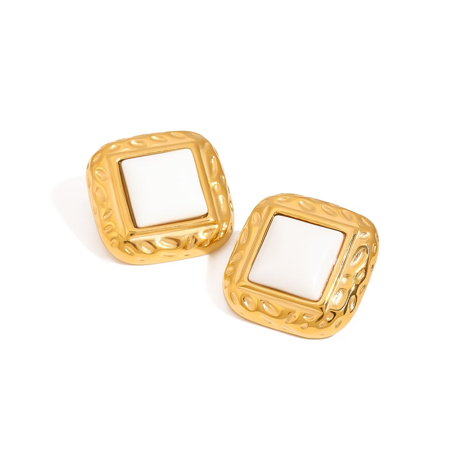 1 par de elegantes pendientes de botón de acero inoxidable cuadrilátero de color dorado para mujer, serie clásica Imagen6