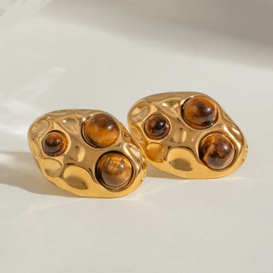 1 Pair Classic Series Retro Geometric Stainless Steel 18K Gold Plated Natural Stone Women Stud Earrings h5 Picture3