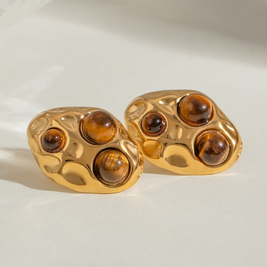 1 Pair Classic Series Retro Geometric Stainless Steel 18K Gold Plated Natural Stone Women Stud Earrings Picture3