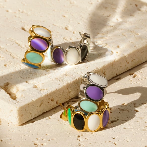 1 Pair Polychrome Series Elegant Oval Drop enameling Titanium Steel Gold Color Women's Hoop Earrings 2