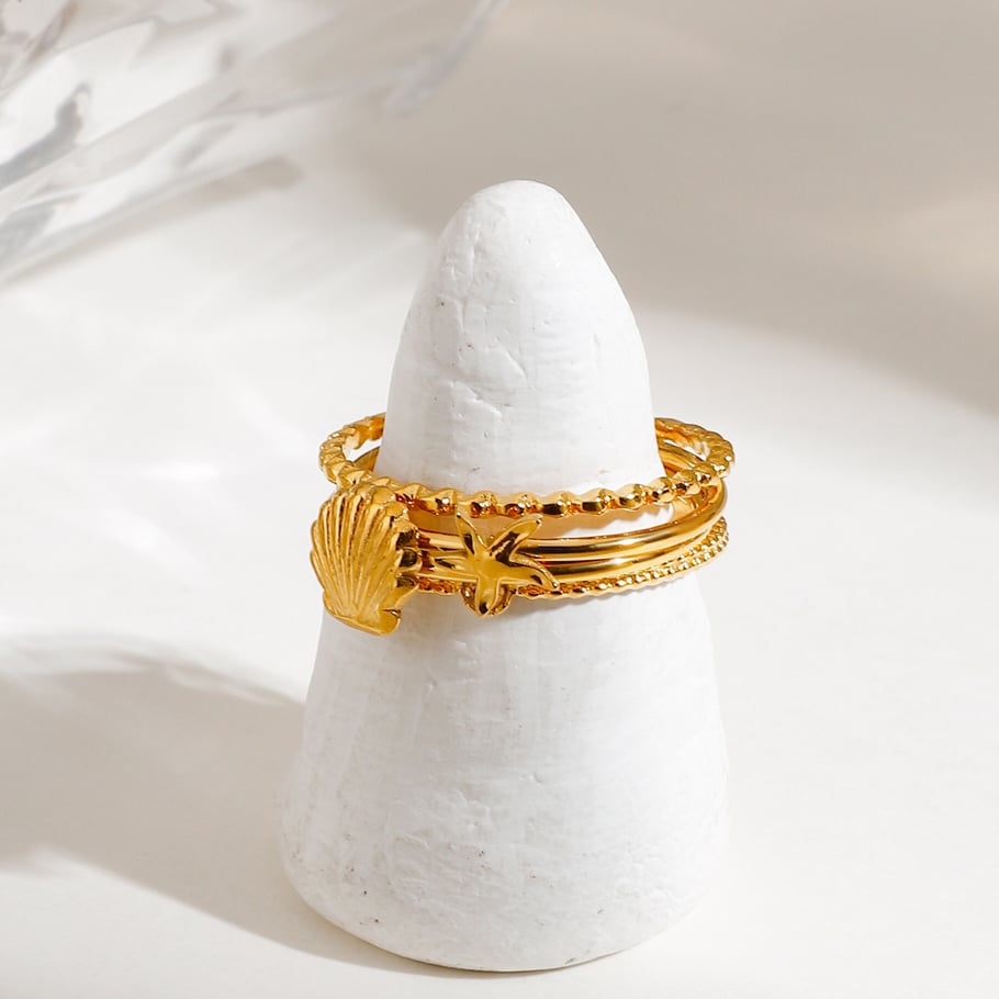 Conjunto de anillos de acero inoxidable color dorado para mujer, serie romántica, estilo tortuga, 1 pieza Imagen3