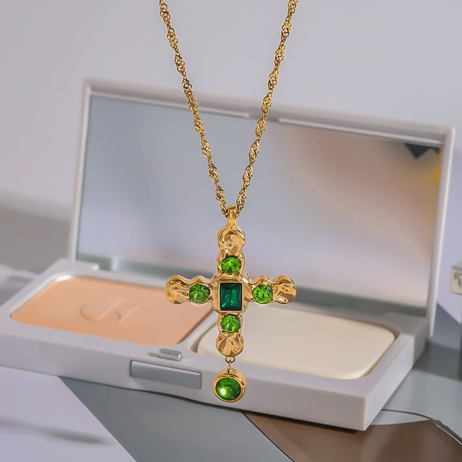 1 Piece Exquisite Series Fashionable Green Cross Stainless Steel Gold Color Women's Pendant Necklaces Picture6