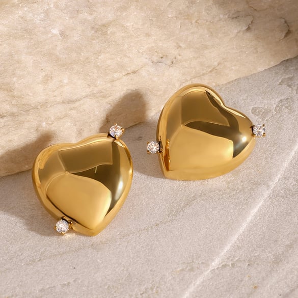 1 Pair Simple Series Casual Heart Stainless Steel 18K Gold Plated Rhinestone Women Stud Earrings 2