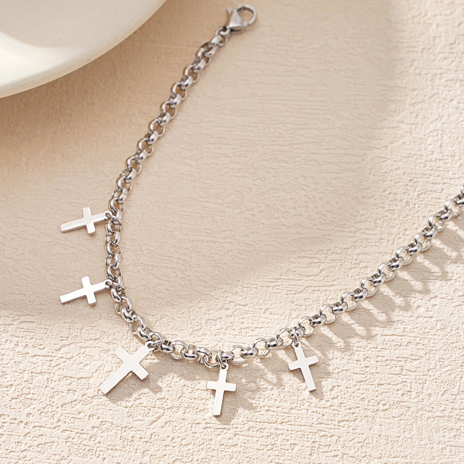 Pulsera de cadena para mujer de acero de titanio color dorado con cruz diaria de la serie clásica de 1 pieza Imagen9