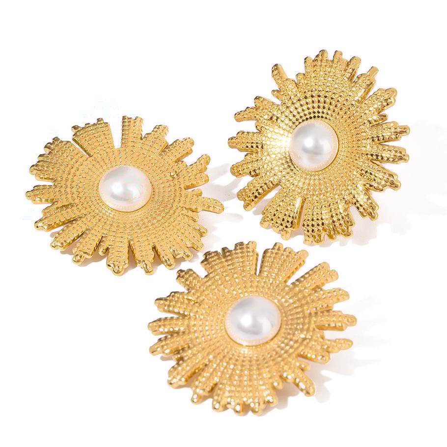 1 Pair Simple Series Retro Flower Stainless Steel 18K Gold Plated Artificial Pearl Women Stud Earrings Picture6
