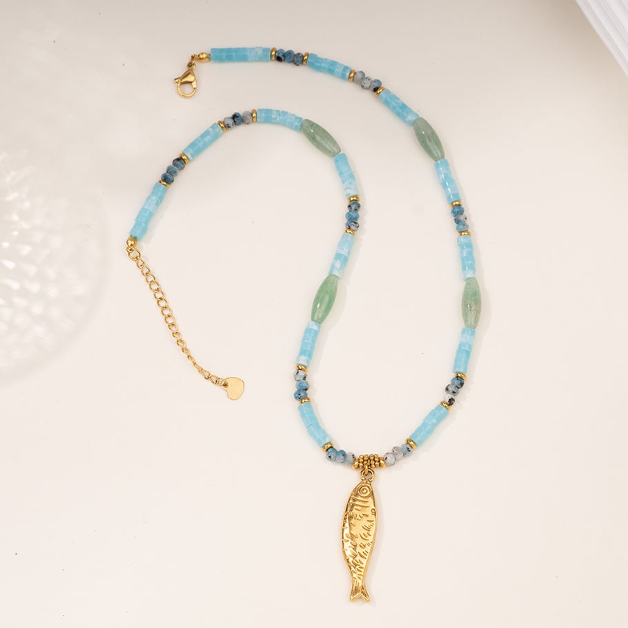 1 Piece Ocean Series Vacation Fish Irregular Crystal Gold Color Natural Stone Women's Beaded Necklaces Picture7