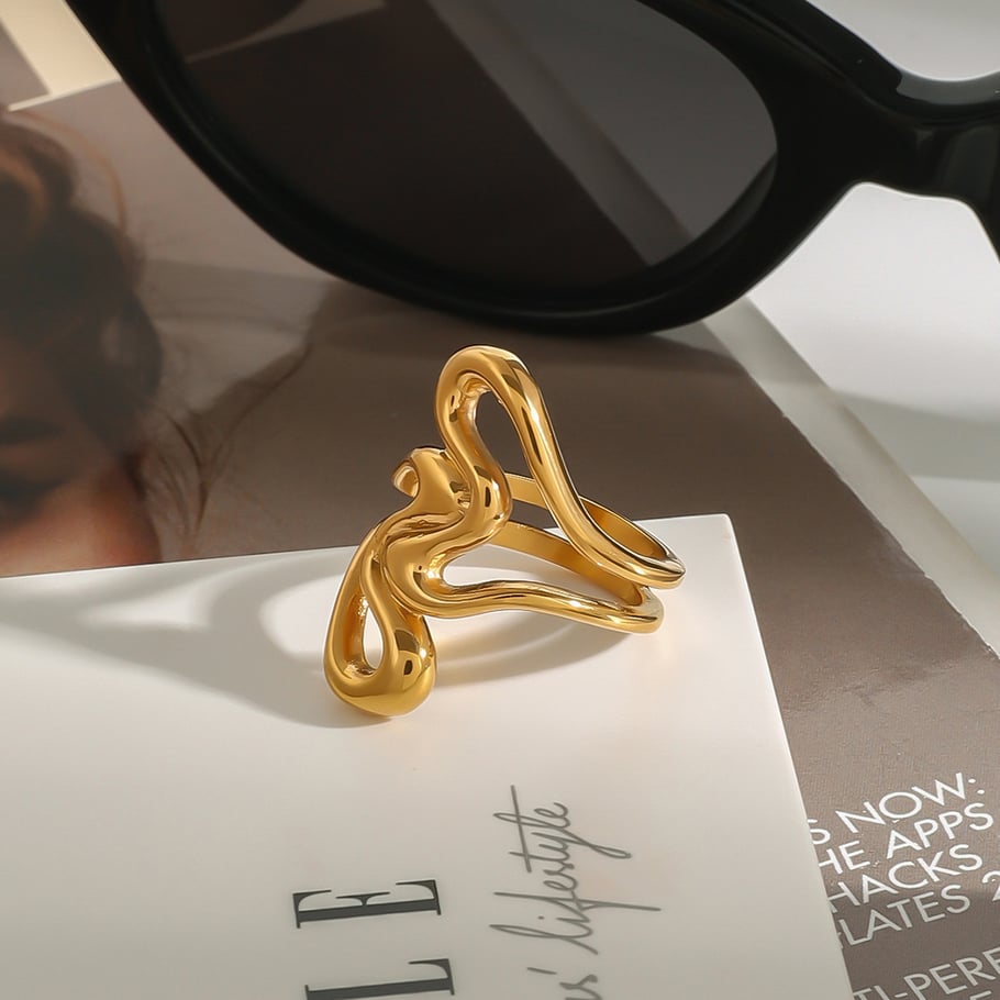 Anillos individuales de acero inoxidable irregulares de alta gama, color dorado, para mujer, serie simple, 1 pieza Imagen5