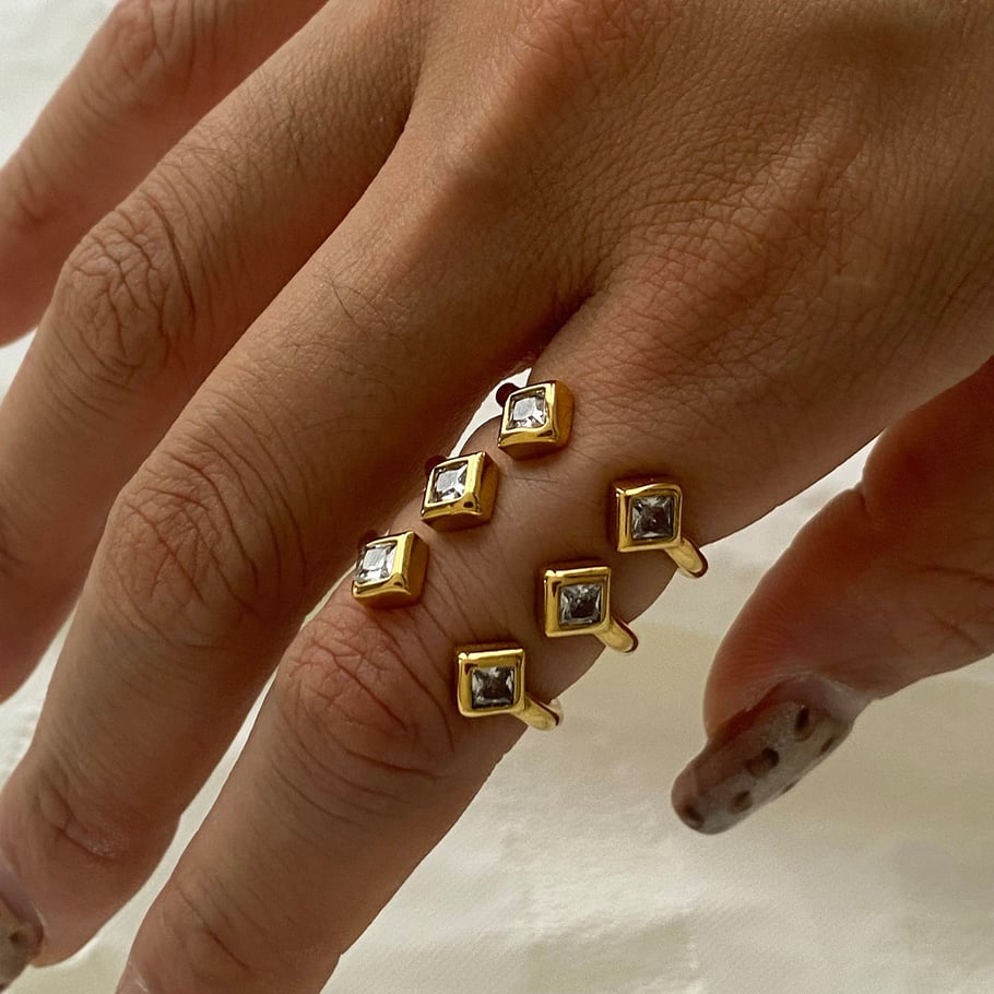 Anillos individuales de acero inoxidable cuadrilátero retro de lujo para mujer, color dorado, 1 pieza Imagen10
