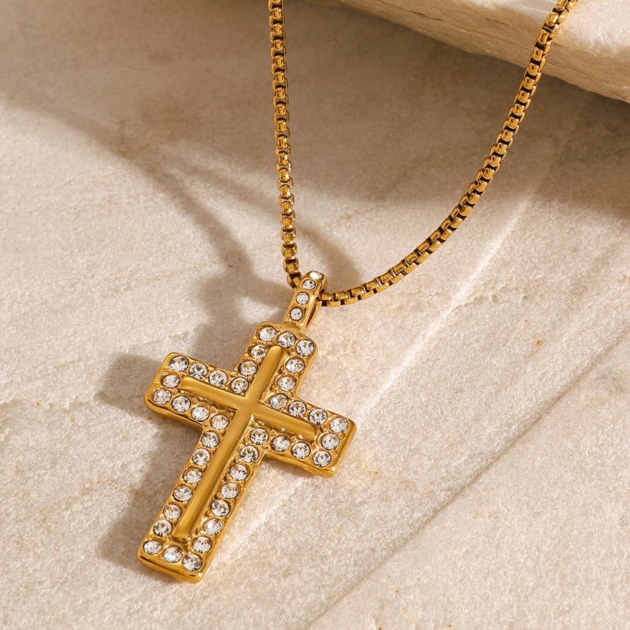 1 Piece Ethnic Series Classic Cross Stainless Steel 18K Gold Plated Zircon Women Pendant Necklaces Picture4