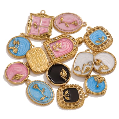 1 Piece Exquisite Series Retro Flower Oil-spot Glazing Stainless Steel Gold Color Women's Pendants h5 Picture6