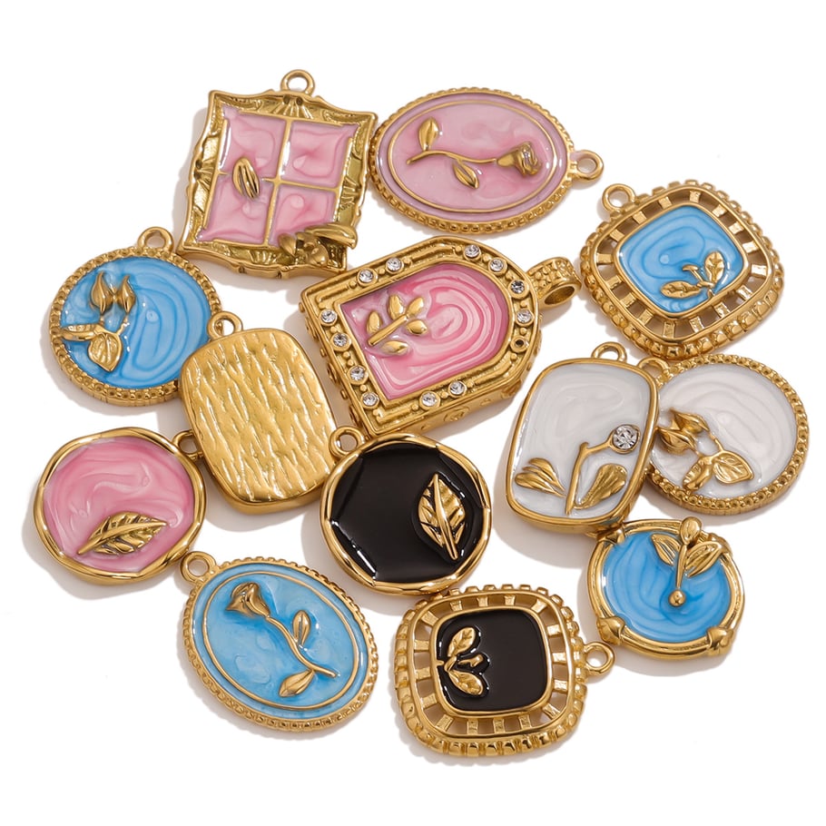 1 Piece Exquisite Series Retro Flower Oil-spot Glazing Stainless Steel Gold Color Women's Pendants Picture6