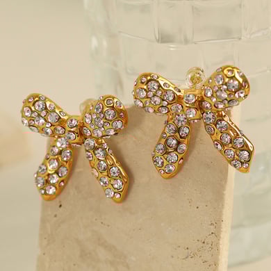 1 Pair Simple Series Retro Bow Knot Stainless Steel 18K Gold Plated Rhinestone Women Stud Earrings h5 Picture5