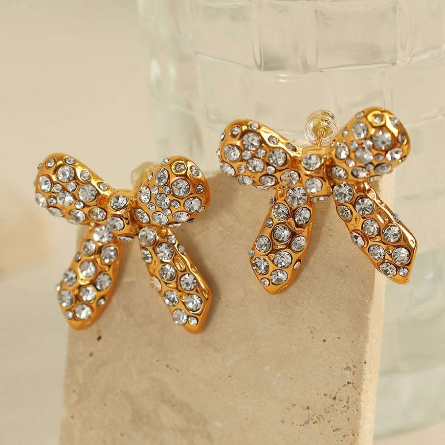 1 Pair Simple Series Retro Bow Knot Stainless Steel 18K Gold Plated Rhinestone Women Stud Earrings Picture5
