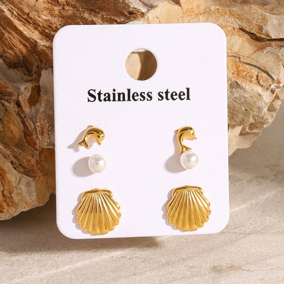 1 Pair Simple Series Europe and America Turtle Stainless Steel 18K Gold Plated Artificial Pearl Women Earrings Set Picture6