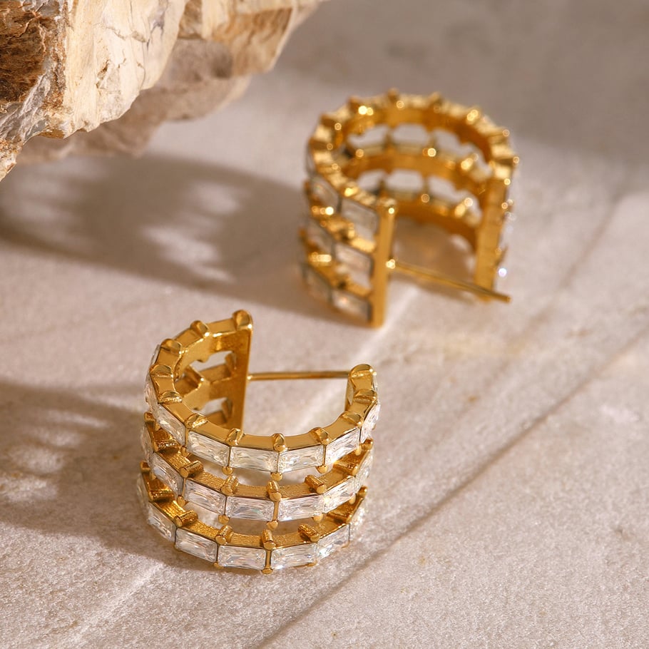 1 Pair Classic Series Retro Geometric Stainless Steel 18K Gold Plated Zircon Women Stud Earrings Picture4