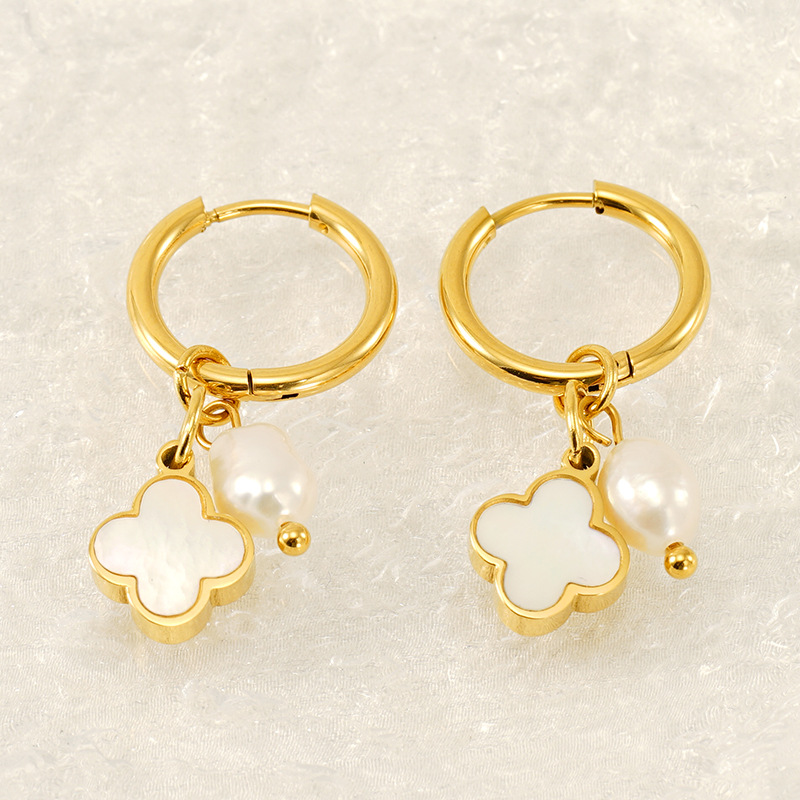 1 Pair Fashionable Simple Style Four-leaf Clover Shape Stainless Steel 18K Gold Plated Inlay Artificial Pearl Women's Drop Earrings Picture4