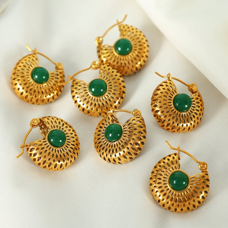 1 Paar Creolen aus der Classic-Serie im Retro-Stil, geometrischer Edelstahl, 18 Karat vergoldet, künstlicher Edelstein, für Damen Bild8