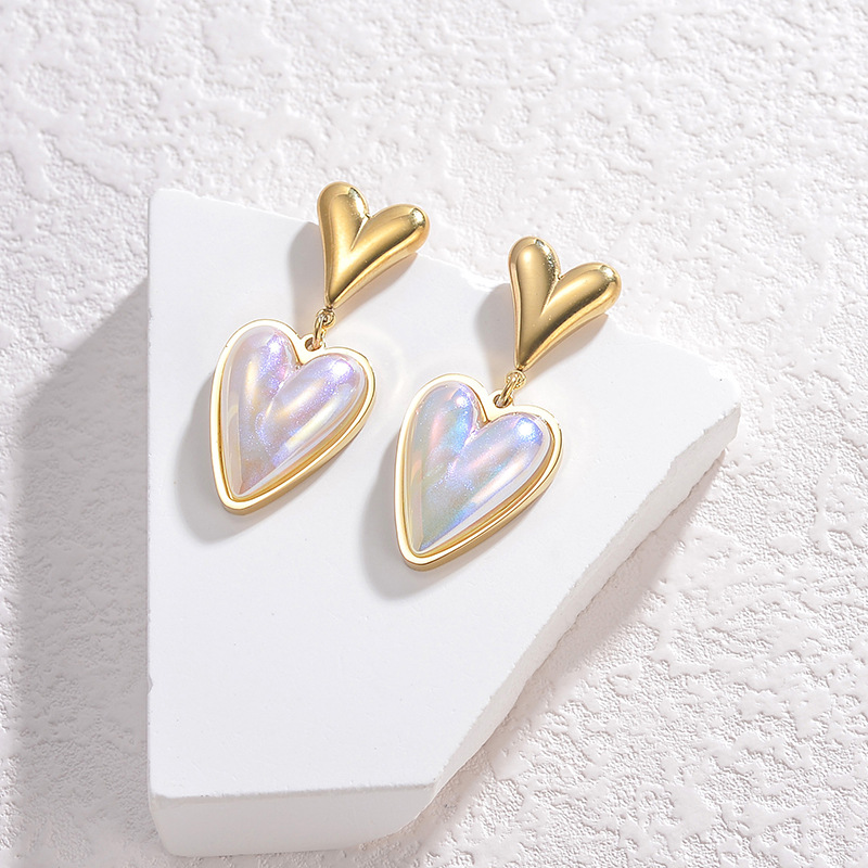 1 paire de boucles d&#39;oreilles pendantes en acier inoxydable plaqué or 14 carats pour femme, série Simple Sweet Heart Image2