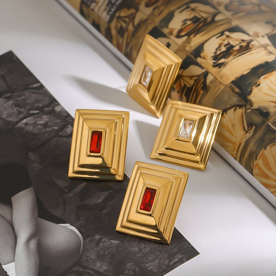 1 par de lujosos pendientes de botón de acero inoxidable dorados con diseño cuadrilátero retro para mujer Imagen4