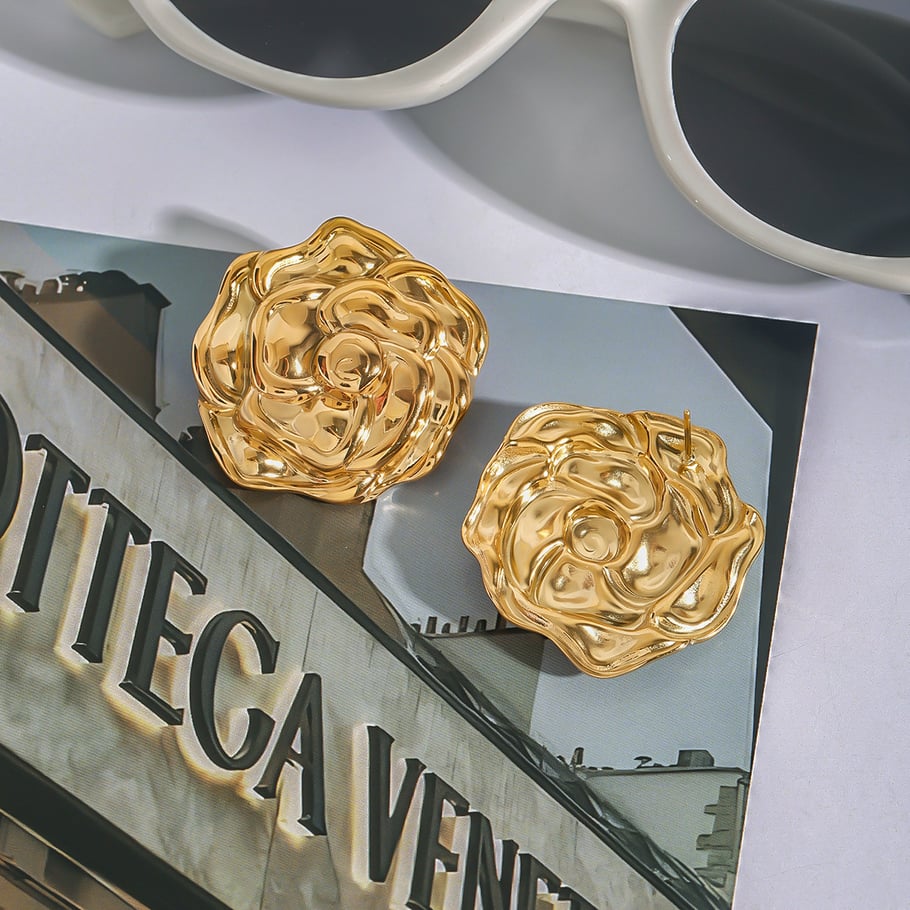 1 Pair Romantic Series Gorgeous Flowers Stainless Steel Gold Color Women's Stud Earrings Picture5