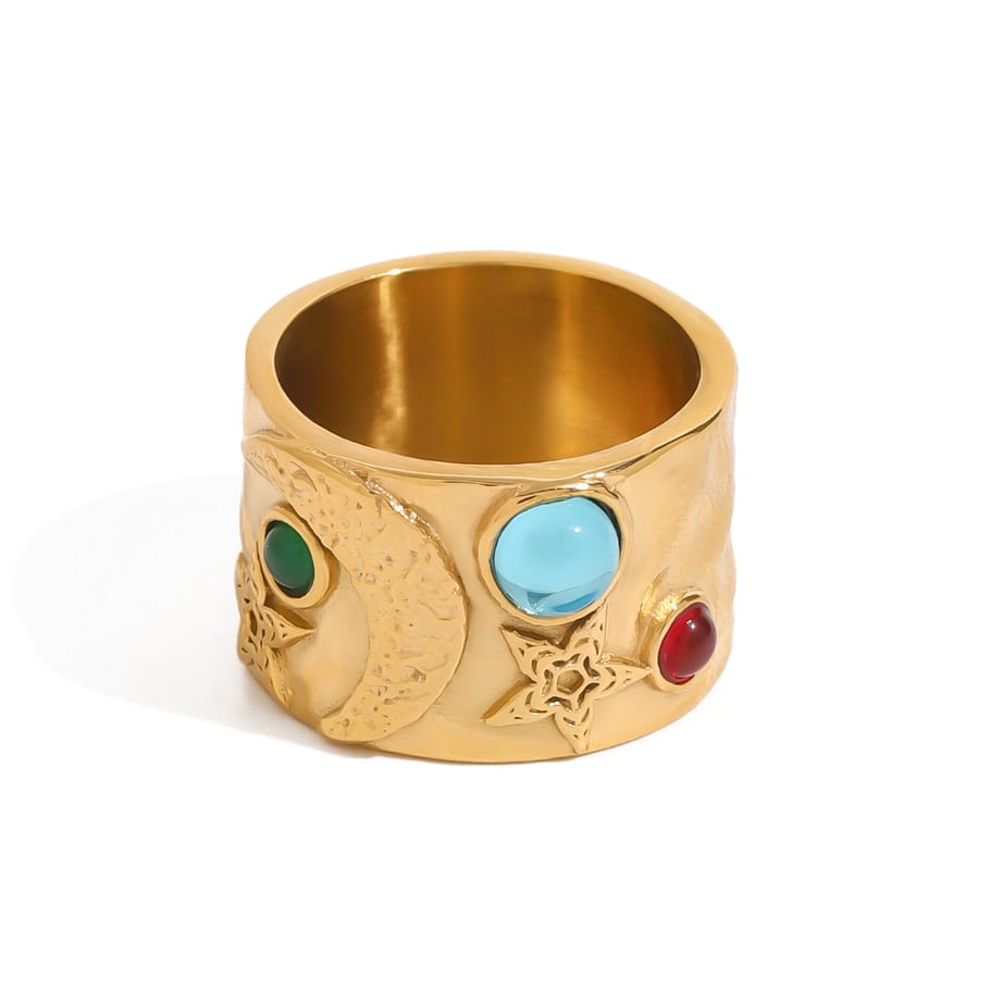1 Piece Vintage Series Retro Colorful Moon Stainless Steel Gold Color Women's Single Rings Picture7