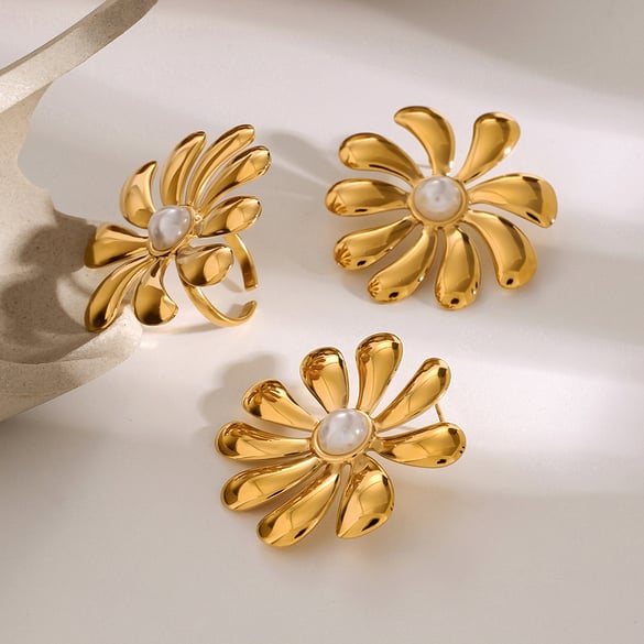 1 Pair Classic Series Retro Flower Stainless Steel 18K Gold Plated Artificial Pearl Women Earrings Set 2