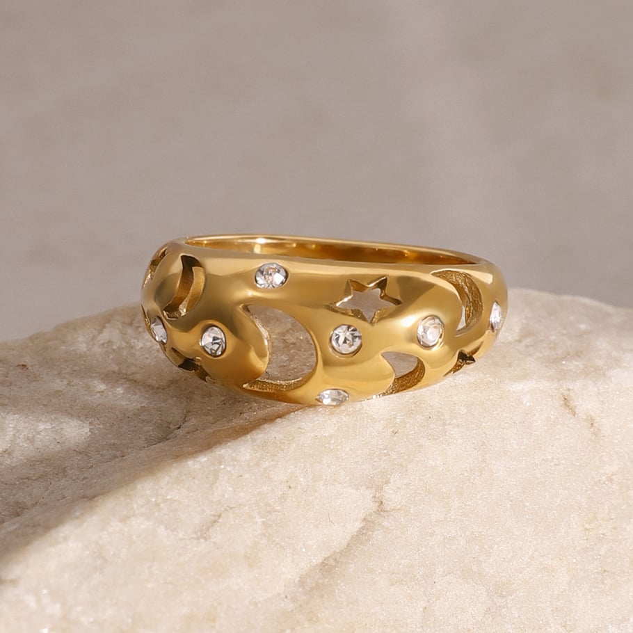 Anillos individuales de acero inoxidable dorados para mujer, de la serie lujosa de Europa y América, con diseño de luna. Imagen4