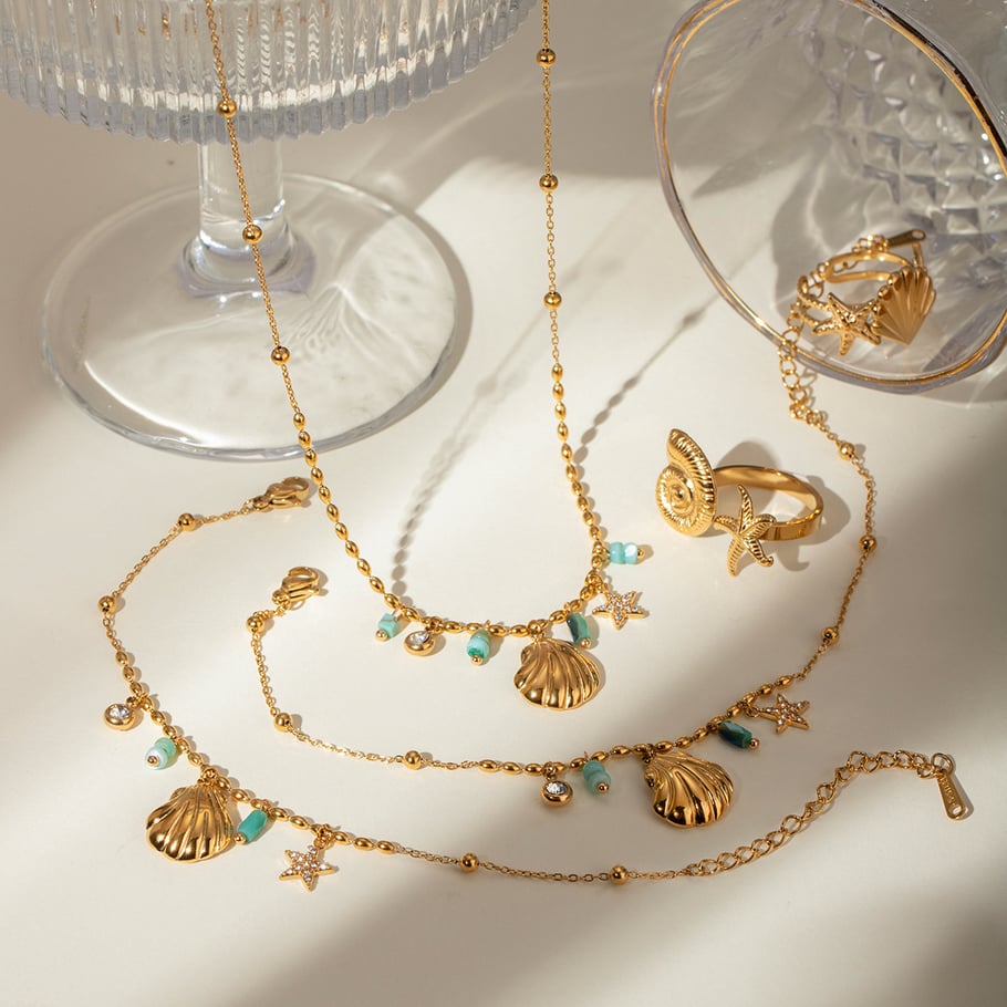 Europäischer und amerikanischer grenzüberschreitender INS-Stil 18 Karat Gold Edelstahl Muschelstern mit eingelegtem Strass blau Amazonit Anhänger Halskette Schmuck Bild3