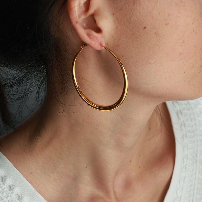 1 Pair Simple Series Classic Solid Color Titanium Steel 18K Gold Plated Women Hoop Earrings Picture4