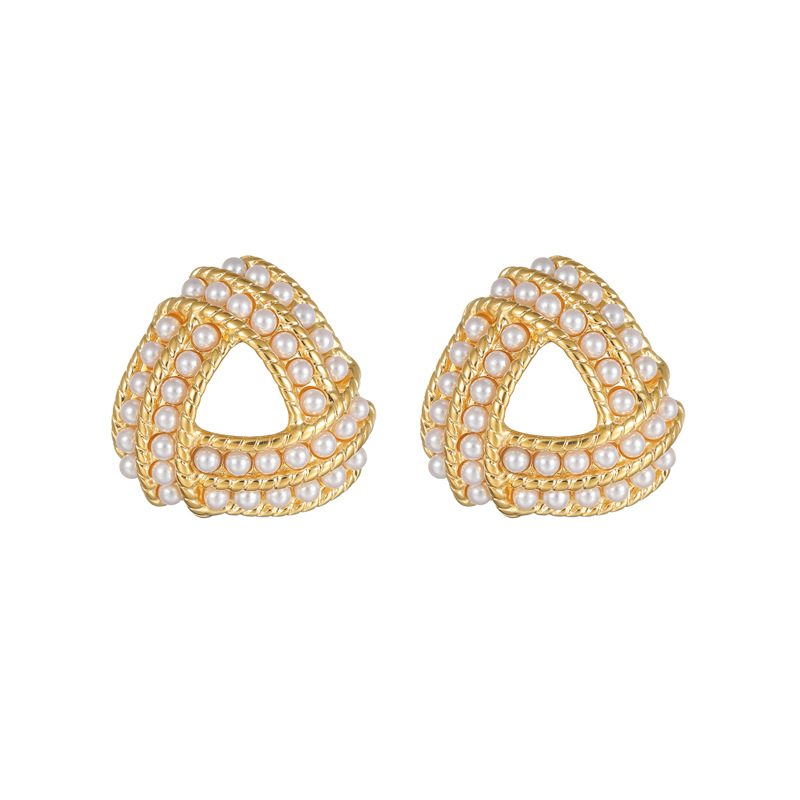 1 paire de boucles d&#39;oreilles créoles rétro géométriques en acier inoxydable plaqué or 18 carats avec perles artificielles pour femmes, série romantique Image5