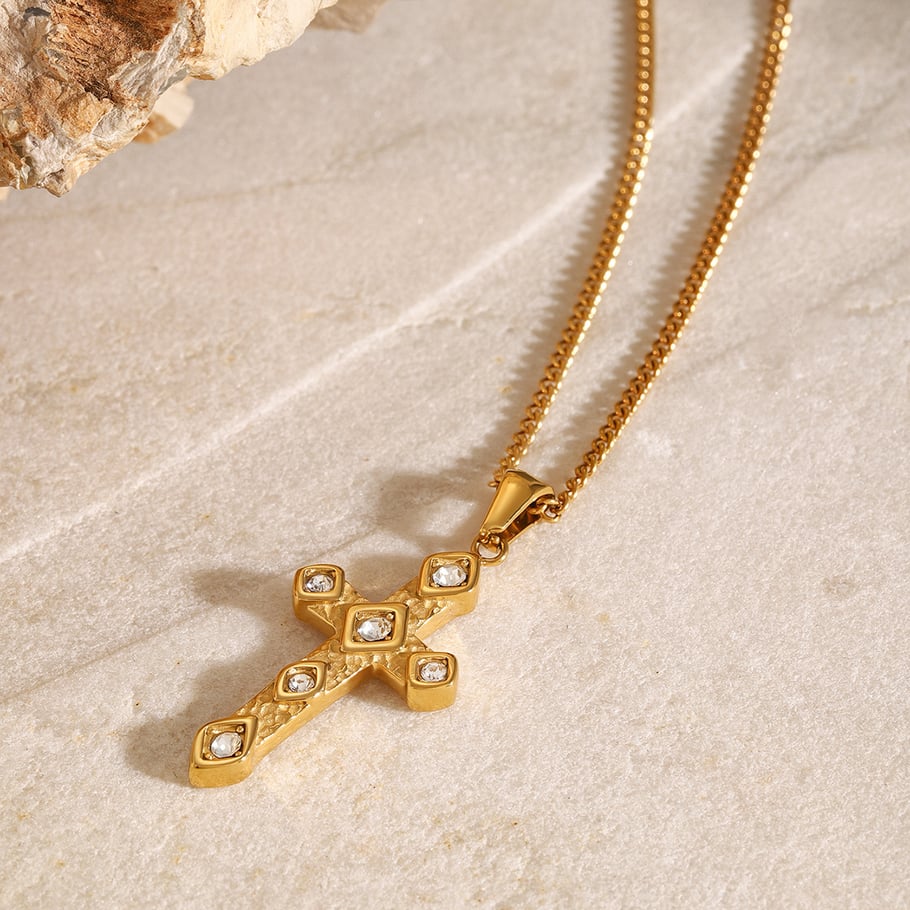 1 Piece Simple Series Europe and America Cross Stainless Steel 18K Gold Plated Rhinestone Women Pendant Necklaces Picture4