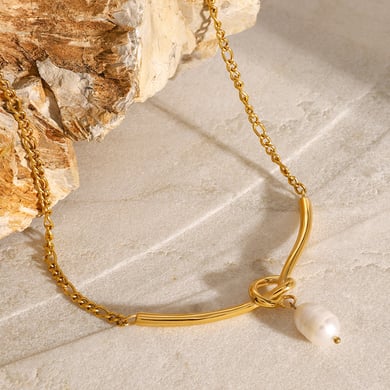 1 Stück Simple Series Elegant Twist Edelstahl 18 Karat vergoldete Kunstperle Damen-Halsketten h5 Bild3