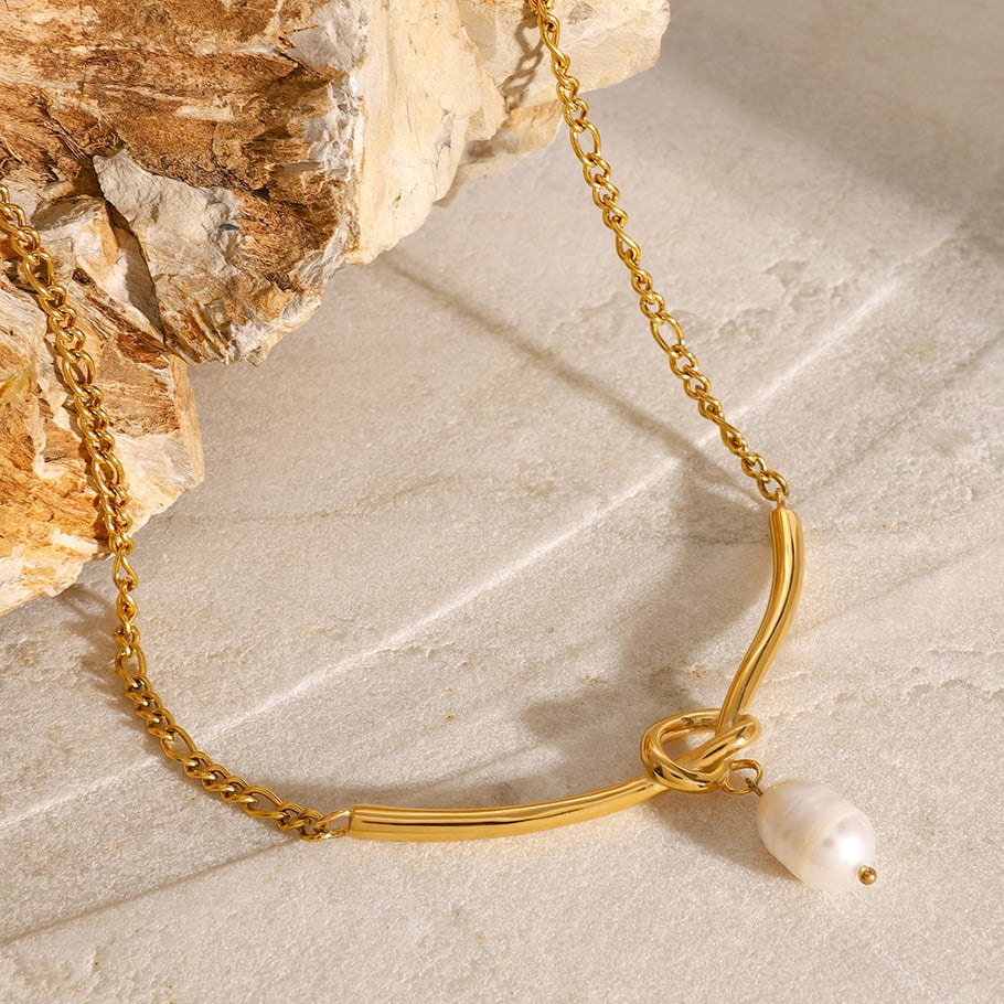 1 Stück Simple Series Elegant Twist Edelstahl 18 Karat vergoldete Kunstperle Damen-Halsketten Bild3