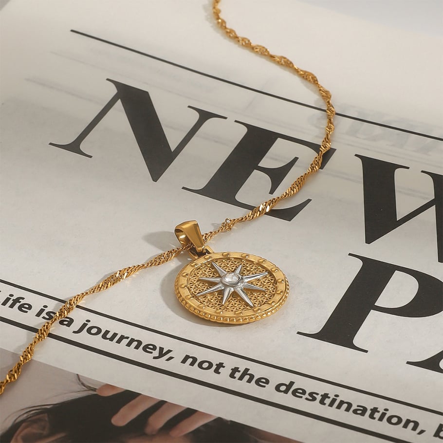 1 Stück Luxuriöse Serie Europa und Amerika Achtzackiger Stern Edelstahl Goldfarben Damen-Anhänger Halsketten Bild7