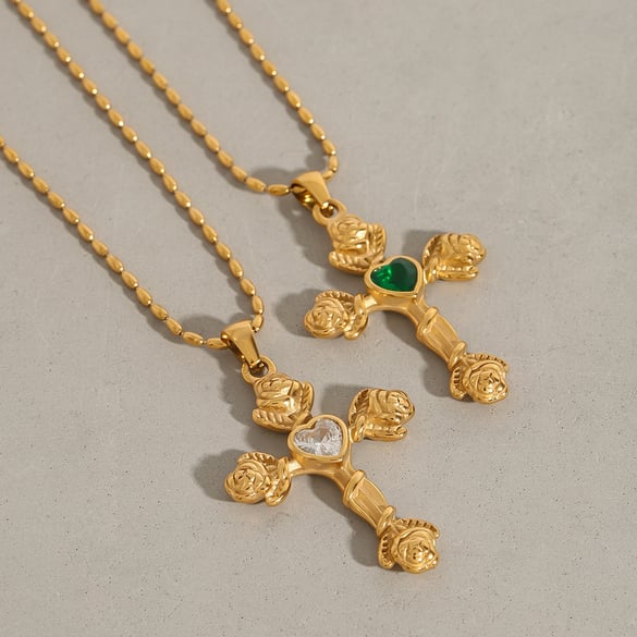 1 Piece Luxurious Series Europe And America Cross Stainless Steel   Gold Color  Women's Pendant Necklaces
