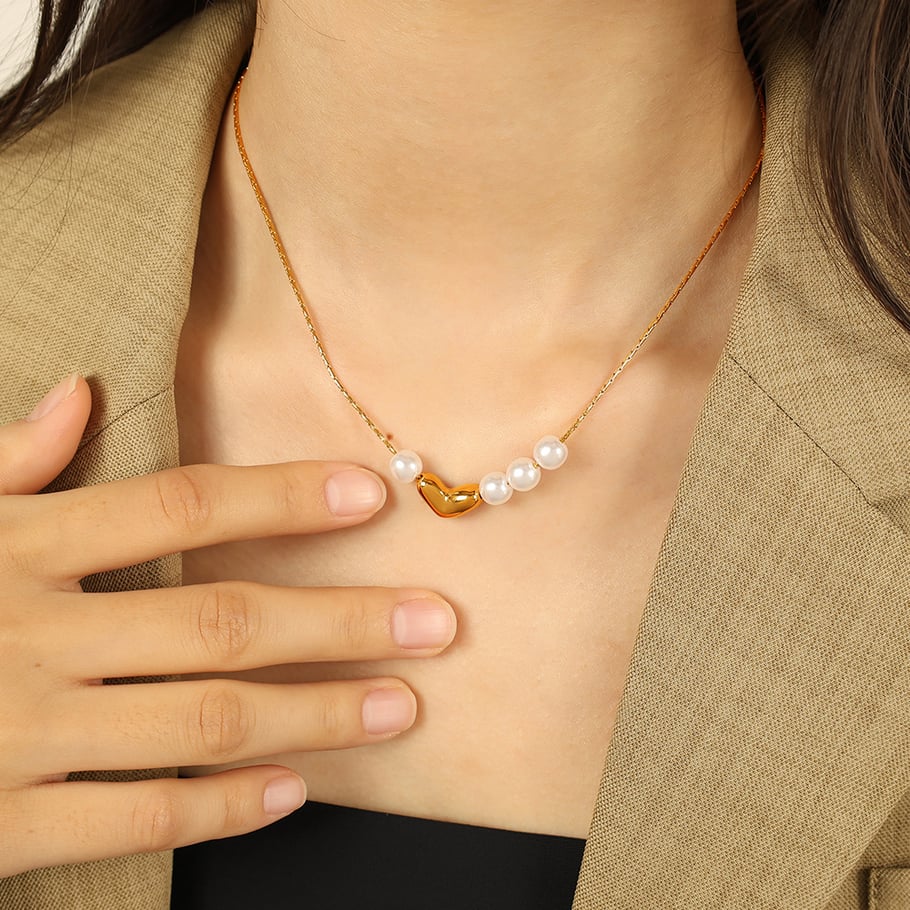 1 Piece Simple Series Simple Heart Stainless Steel 18K Gold Plated Artificial Pearl Women Pendant Necklaces Picture5