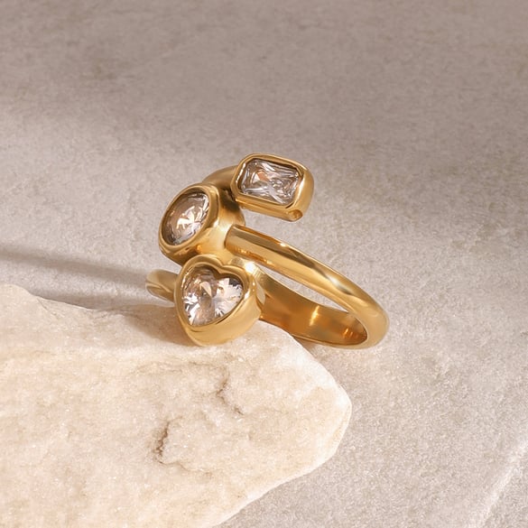 1 paire de bagues ajustables pour femme en acier inoxydable plaqué or 18 carats avec zircons, série Simple Sweet Heart