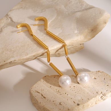 1 Pair Classic Series Europe and America line Stainless Steel 18K Gold Plated Artificial Pearl Women Drop Earrings h5 Picture4