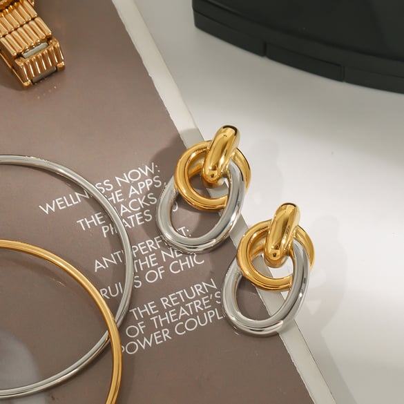 1 Pair Exquisite Series Casual Annular Stainless Steel Gold & Silver Color Women's Stud Earrings 2
