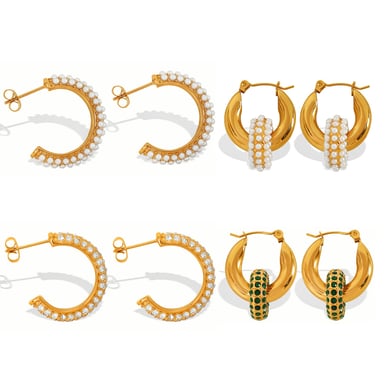 1 Pair Luxurious Series Retro Geometric Stainless Steel 18K Gold Plated Zircon Women Hoop Earrings h5 Picture8