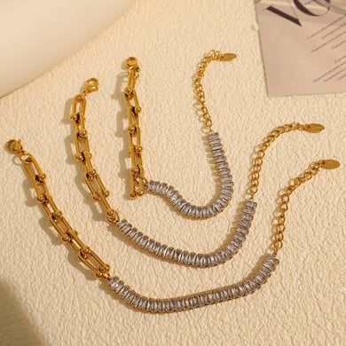 1 Piece Luxurious Series Simple Geometric Stainless Steel 18K Gold Plated Rhinestone Women Charm Bracelets h5 Picture3