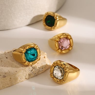 Anillo individual de acero inoxidable chapado en oro de 18 quilates con circonitas, estilo retro geométrico, para mujer. h5 Imagen6