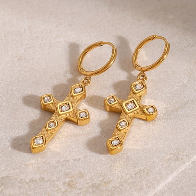 1 Pair Ethnic Series Classic Cross Stainless Steel 18K Gold Plated Zircon Women Drop Earrings h5 Picture4