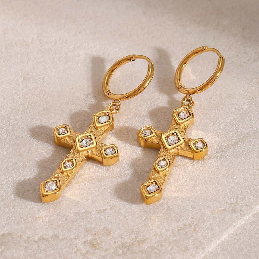 1 Pair Ethnic Series Classic Cross Stainless Steel 18K Gold Plated Zircon Women Drop Earrings Picture4