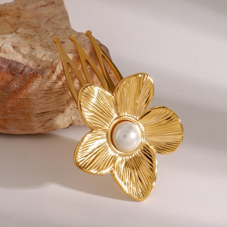 1 Paar Simple Series Ins Style Blume Edelstahl 18 Karat vergoldet Kunstperle Damen Haarspangen Bild3