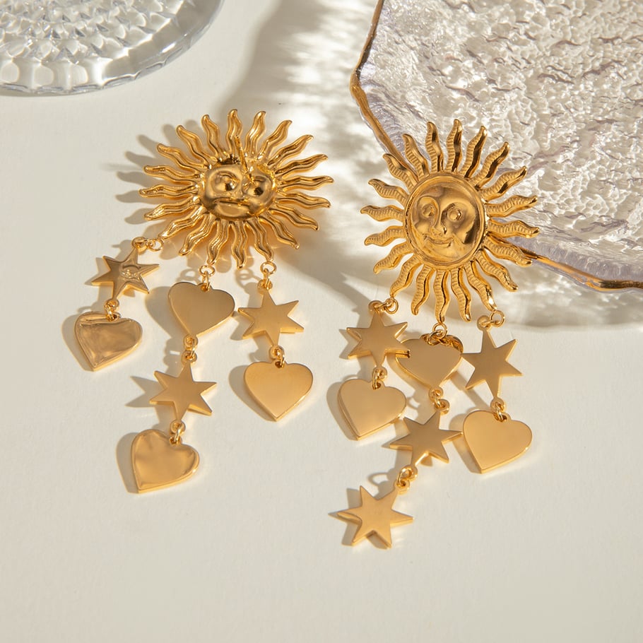 1 Pair Luxurious Retro Style Sun Shape Stainless Steel 18K Gold Plated Women's Drop Earrings Picture4