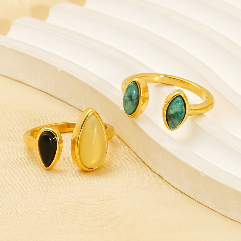 1 Pair Classic Series Retro Droplet Titanium Steel 18K Gold Plated Women Adjustable Rings Picture4