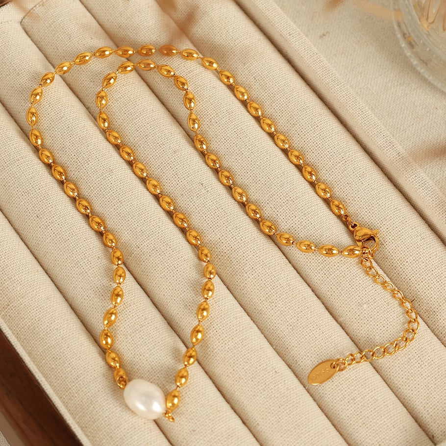 1 Stück Simple Series Retro Beads Edelstahl 18 Karat vergoldet Kunstperle Damen Perlenarmbänder Bild4